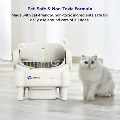 Self‑cleaning odor eliminator device with charcoal filters and fresh scent icons on a neutral background.