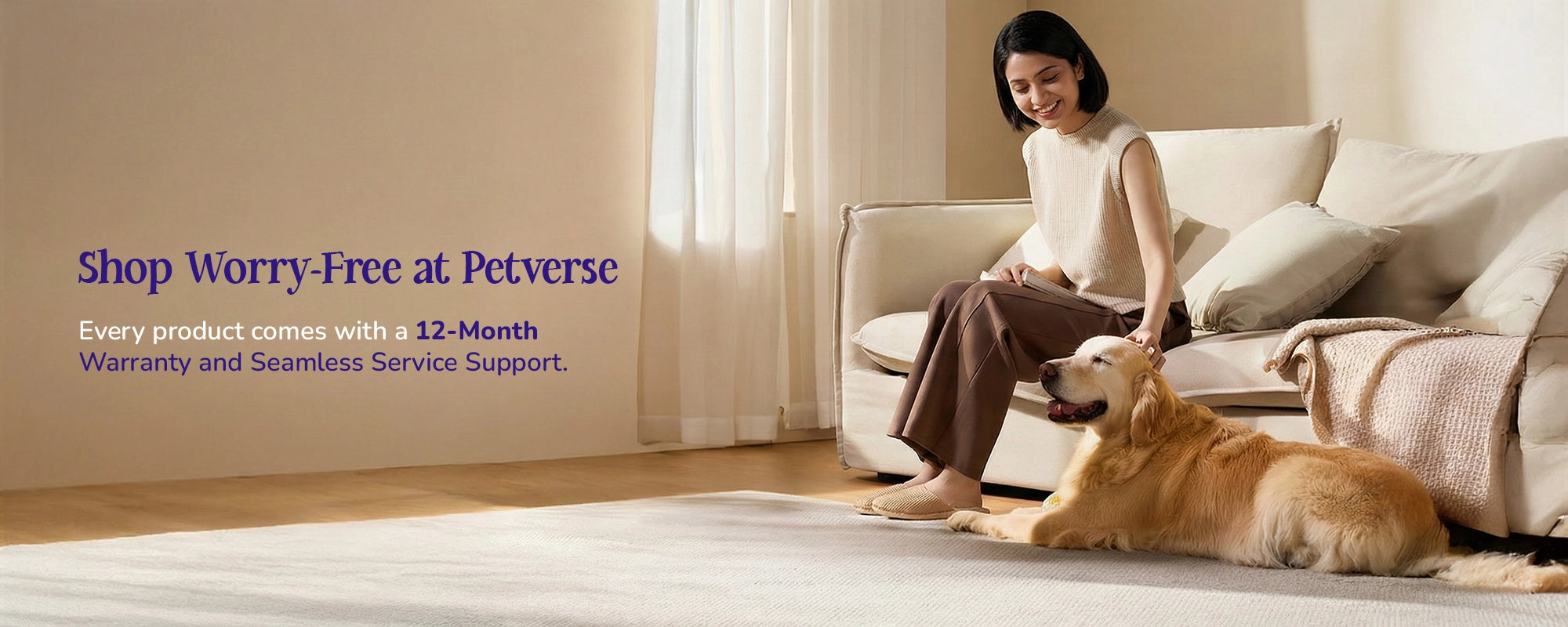 Happy dog with its owner at a table in a bright setting with text about worry-free shopping at Petverse featuring a 12-month warranty and service support.