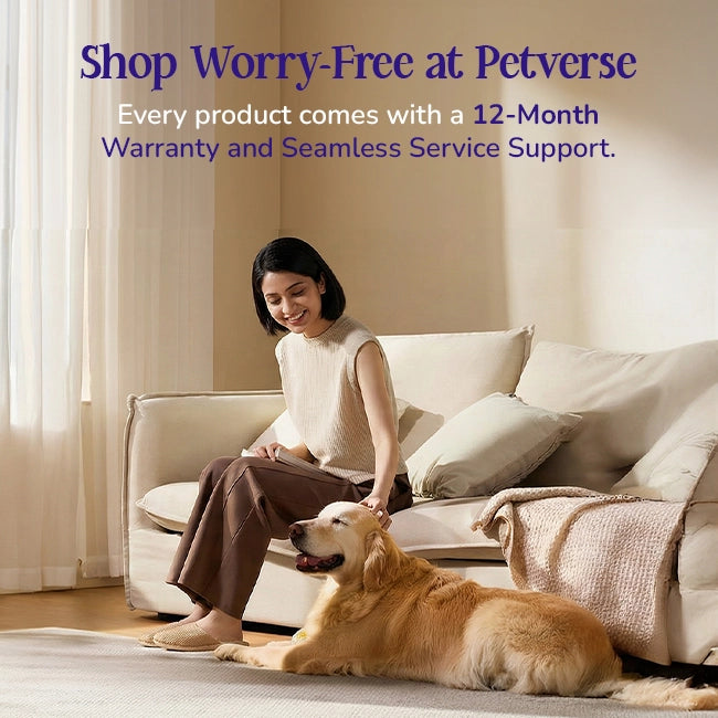 Woman sitting on couch smiling with her dog under a banner promoting worry-free shopping at Petverse with 12-month warranty and service support.