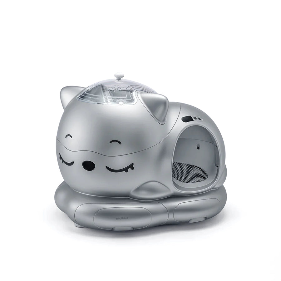 Silver smart cat litter box with transparent top and side entrance