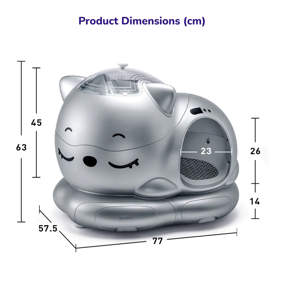 Silver cat‑shaped smart litter box with product dimensions labeled.
