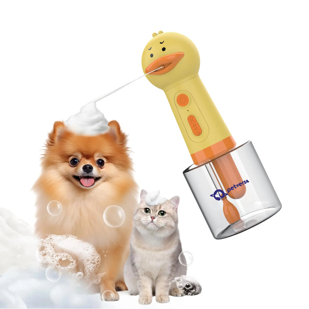 Smart Bath Bubble Machine spraying foam on a pet.