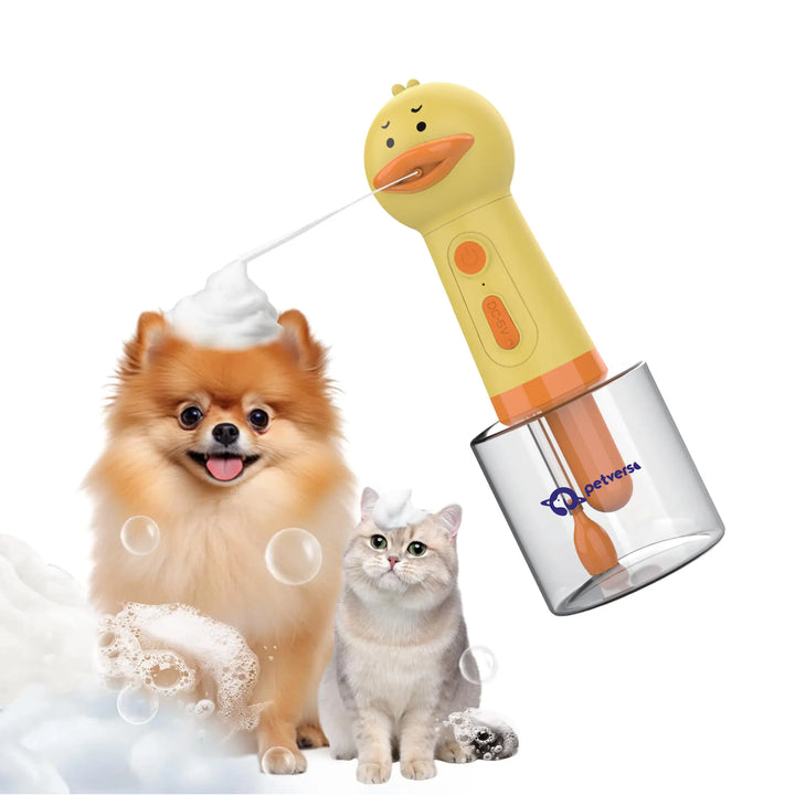 Smart Bath Bubble Machine spraying foam on a pet.