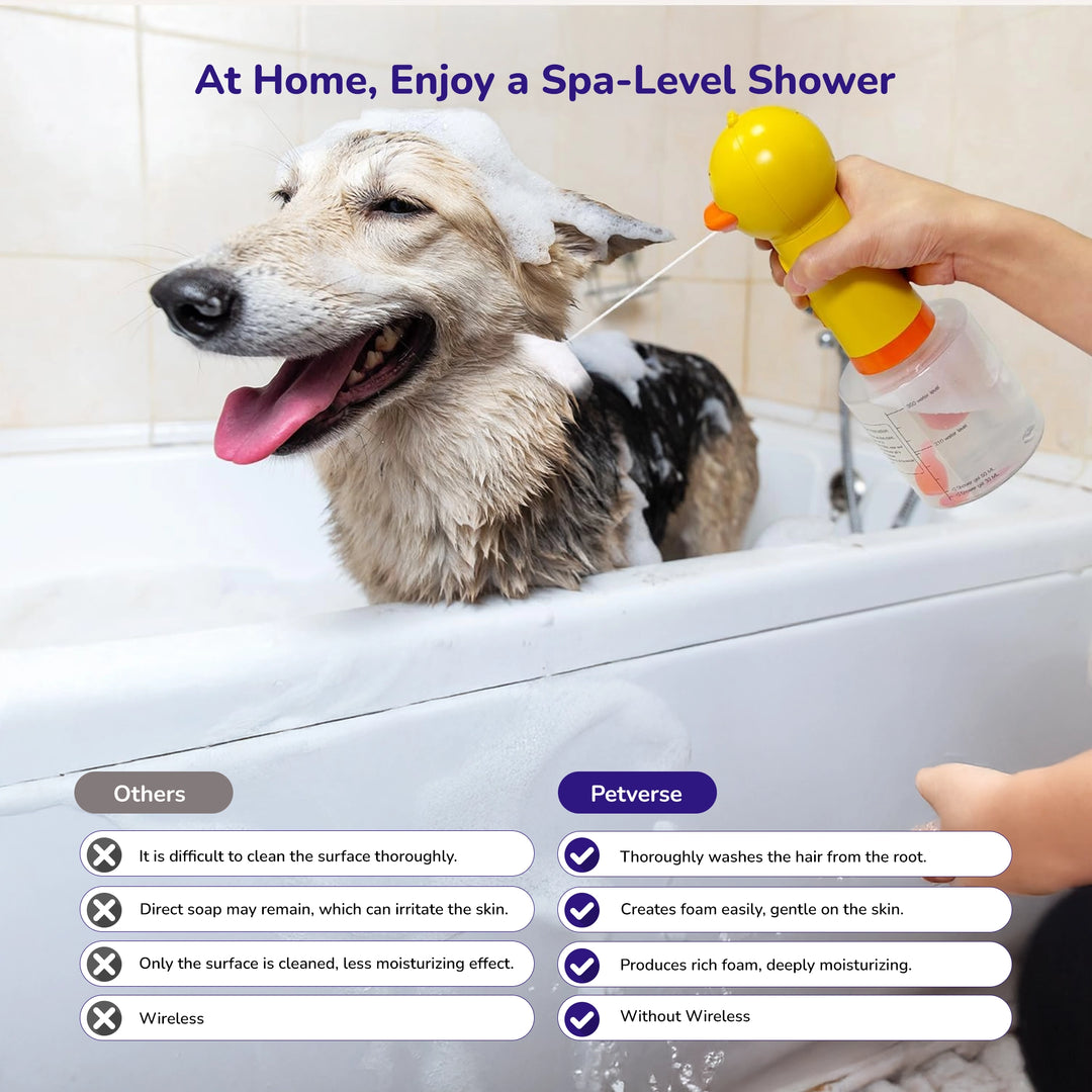 Portable smart pet bath bubble foam machine with clear soap reservoir and button handle for easy foaming pet shampoo