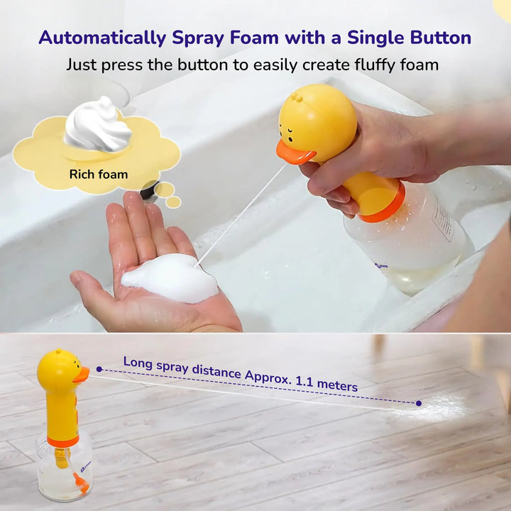 Yellow duck‑shaped pet foam spray machine dispensing rich foam with long spray reach and one‑button operation
