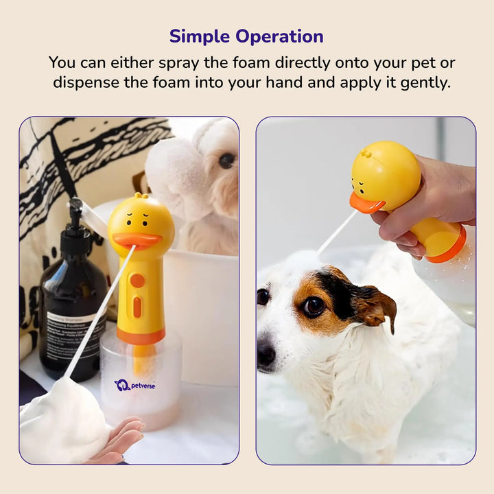 A yellow duck‑shaped pet foam bath machine dispensing rich foam onto a dog’s coat with simple use instructions.