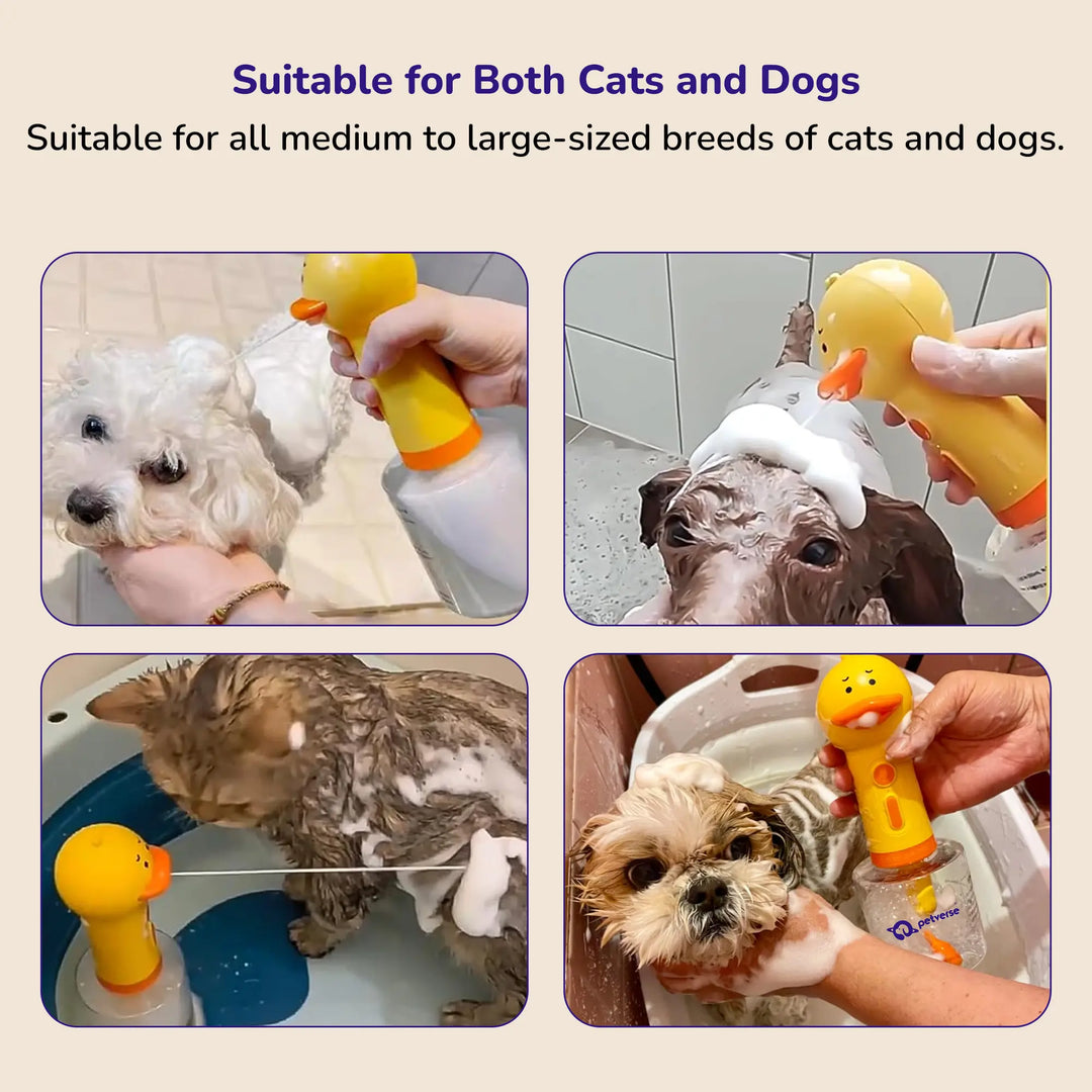 A yellow duck‑shaped portable pet bath bubble machine foams shampoo on cats and dogs during grooming.