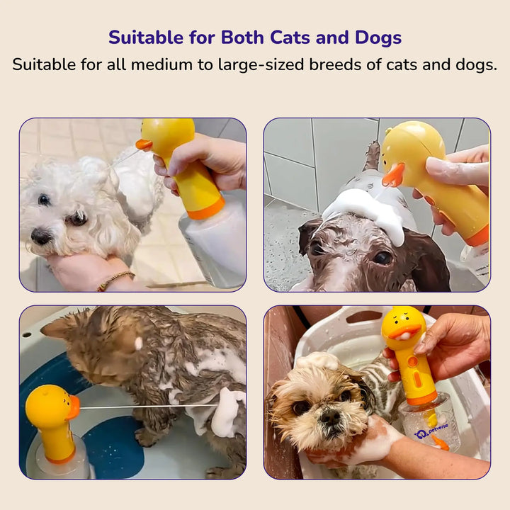 A yellow duck‑shaped portable pet bath bubble machine foams shampoo on cats and dogs during grooming.
