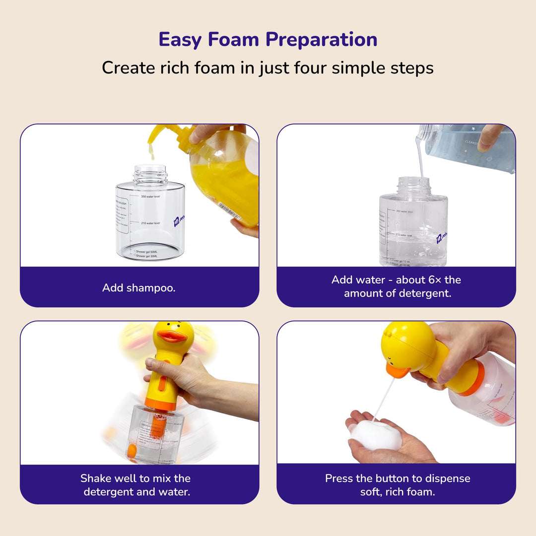 Yellow duck‑style smart pet bath bubble machine with shampoo foam dispenser and clear foam container
