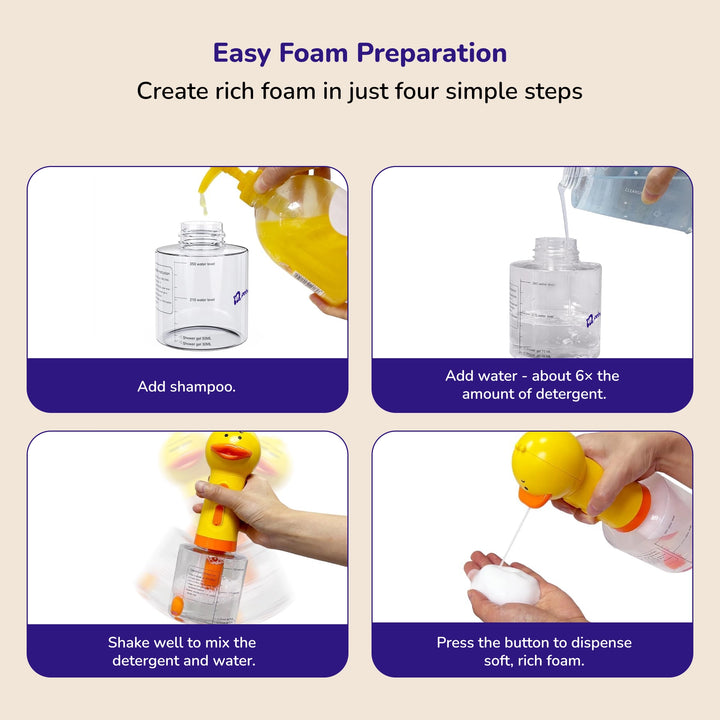 Yellow duck‑style smart pet bath bubble machine with shampoo foam dispenser and clear foam container