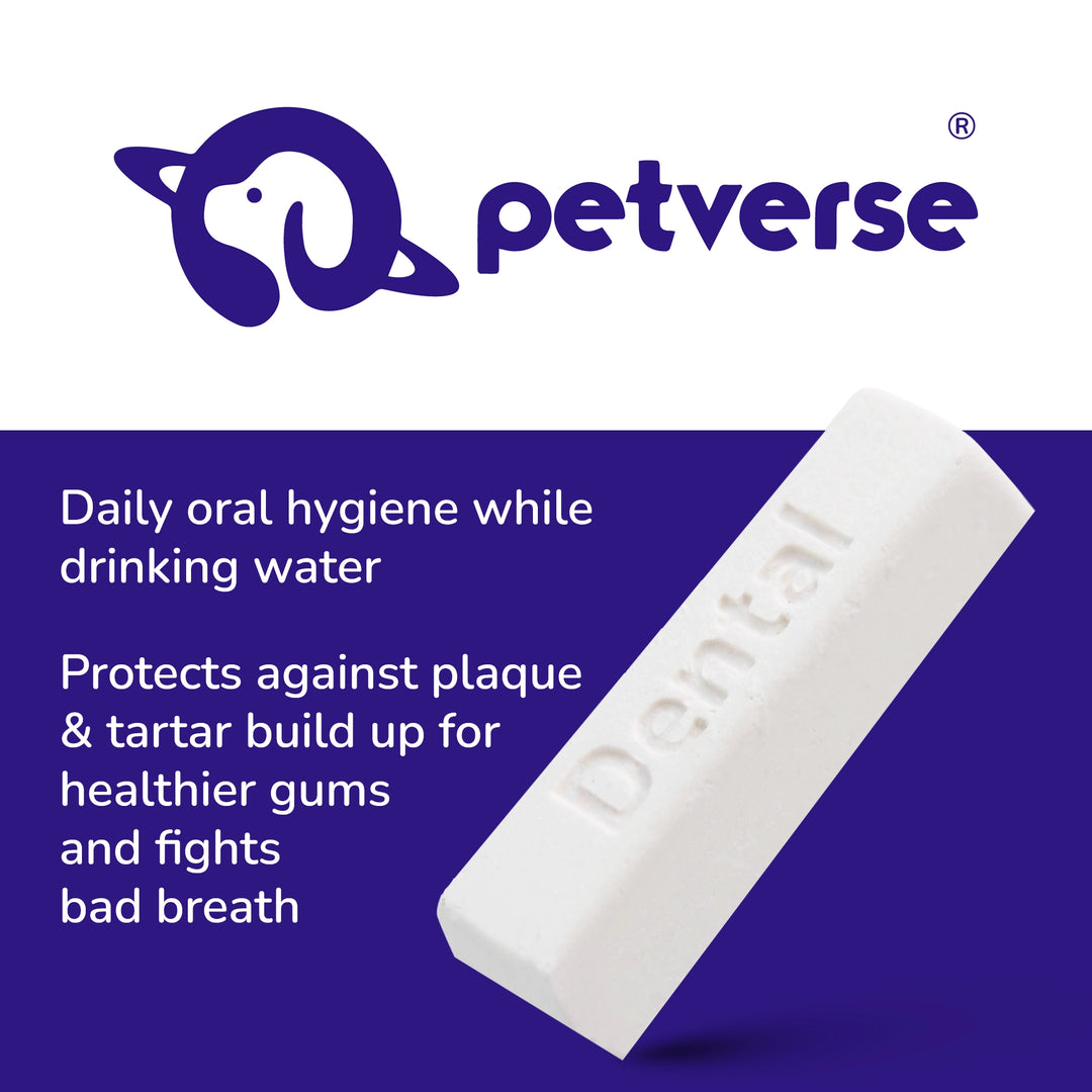 Petverse logo with a white dental stick for daily oral hygiene, preventing plaque and tartar in pet water.