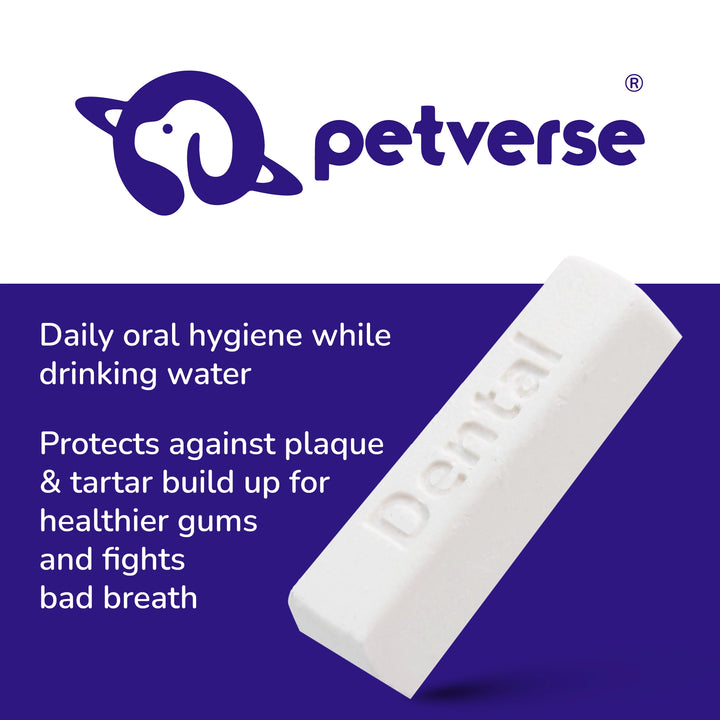 Petverse logo with a white dental stick for daily oral hygiene, preventing plaque and tartar in pet water.