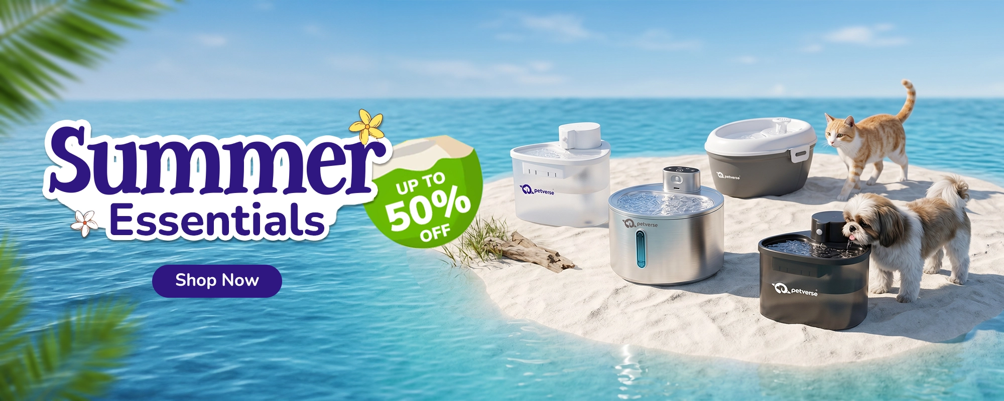 Petverse summer sale banner showing all four pet water fountains on a sandy beach with a cat and dog, up to 50% off.