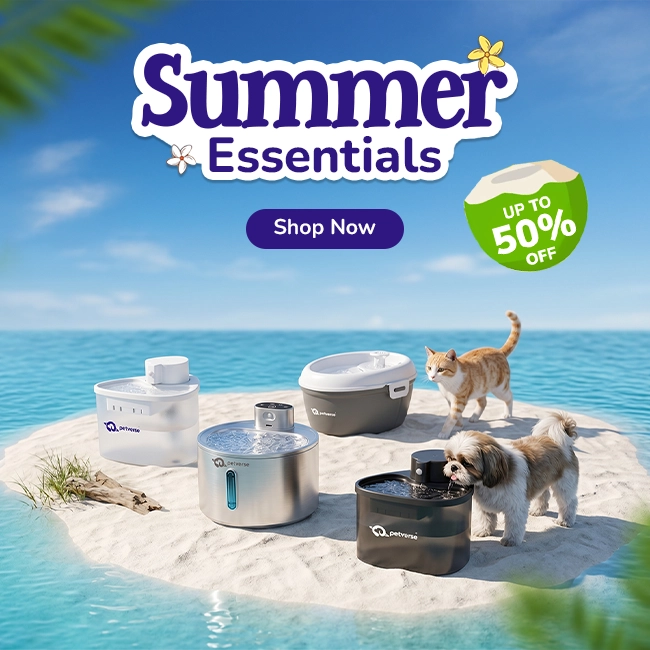 Petverse summer sale banner showing all four pet water fountains on a sandy beach with a cat and dog, up to 50% off.