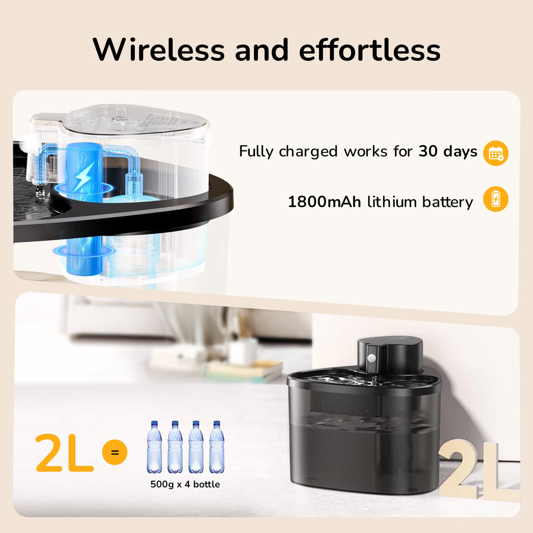Wireless Pet Water Fountain for Dogs wireless capability, battery life, and capacity.