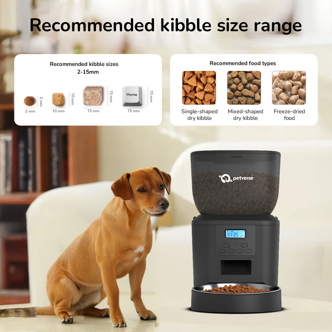 A comparison chart showing recommended kibble sizes for small, medium, and large dog breeds.