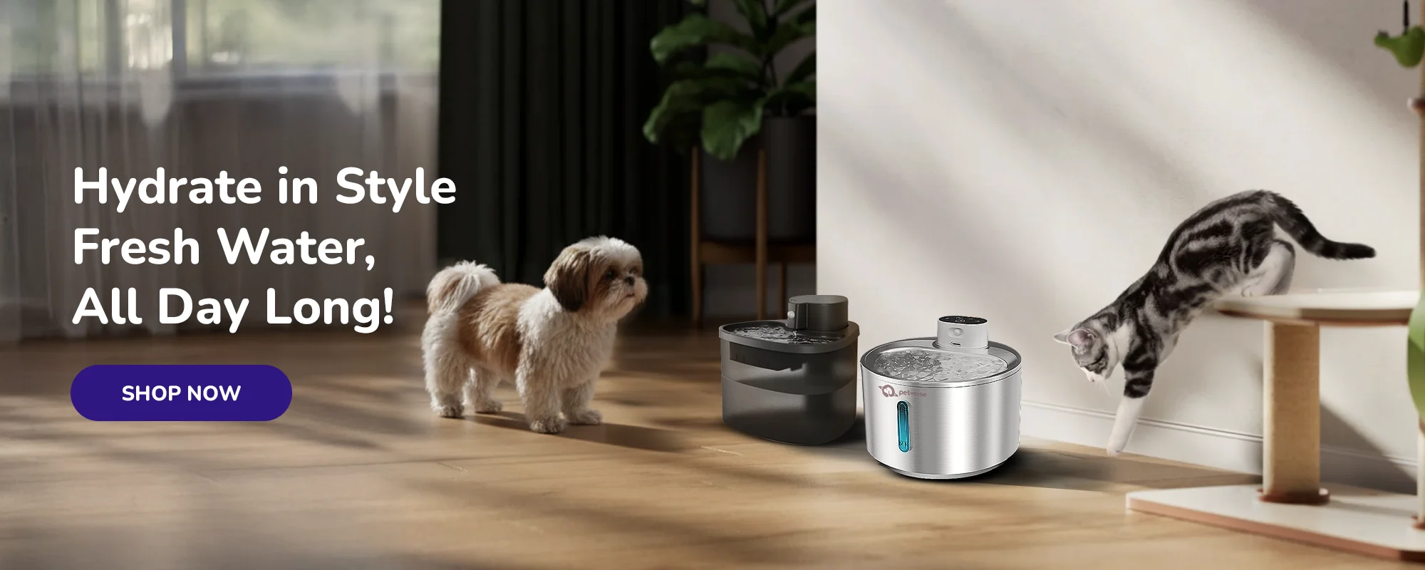 Petverse 4 L and 2 L wireless pet water fountains with motion sensors and flowing filtered water on a clean background, inviting pets to drink water.
